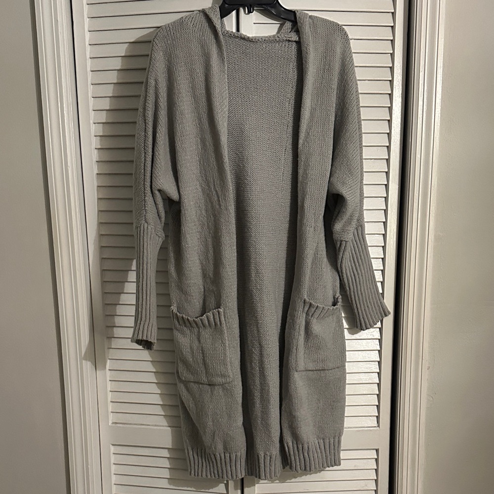 Gray Open-Front Hooded Heavy Cardigan Sweater